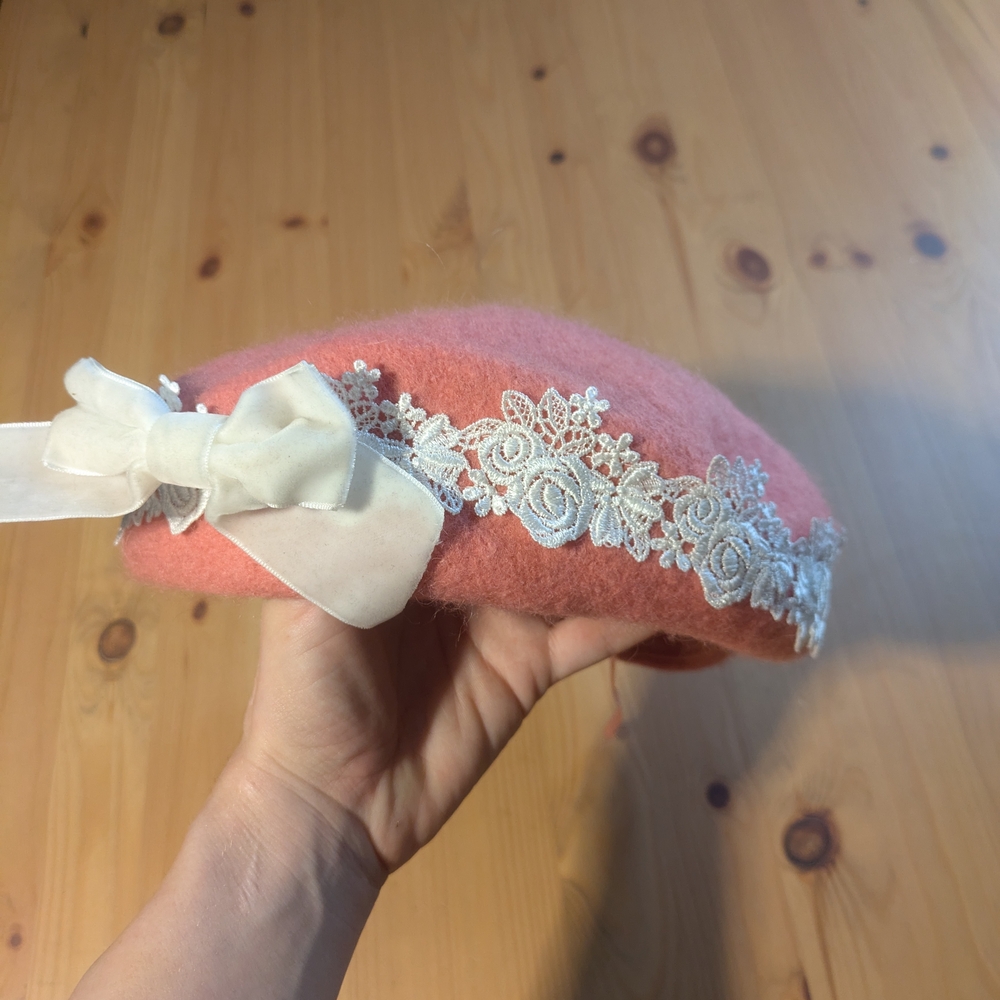 Pink Beret with Lace and Bow